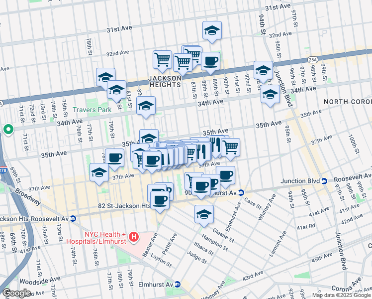 map of restaurants, bars, coffee shops, grocery stores, and more near in Queens