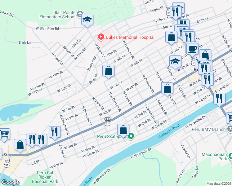 map of restaurants, bars, coffee shops, grocery stores, and more near 301-349 West 7th Street in Peru
