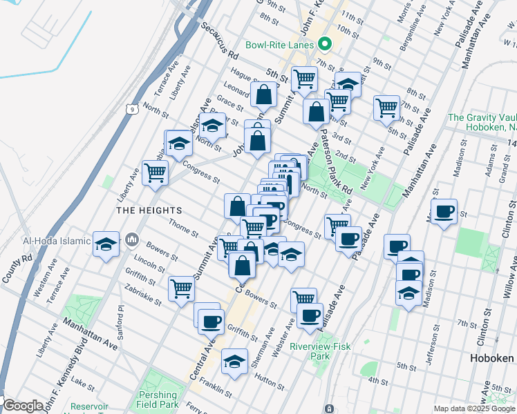 map of restaurants, bars, coffee shops, grocery stores, and more near 145 Congress Street in Jersey City