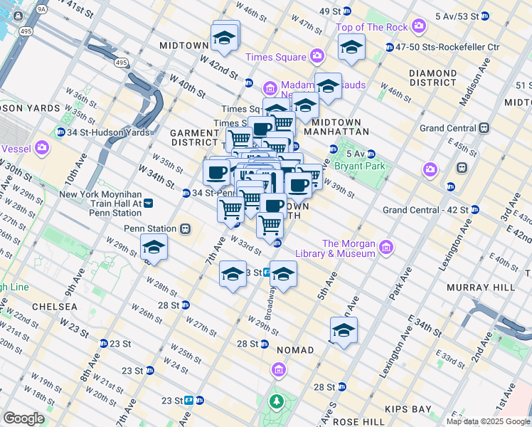 map of restaurants, bars, coffee shops, grocery stores, and more near 131 West 35th Street in New York