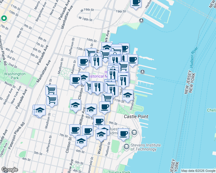 map of restaurants, bars, coffee shops, grocery stores, and more near Bloomfield Street & 12th Street in Hoboken