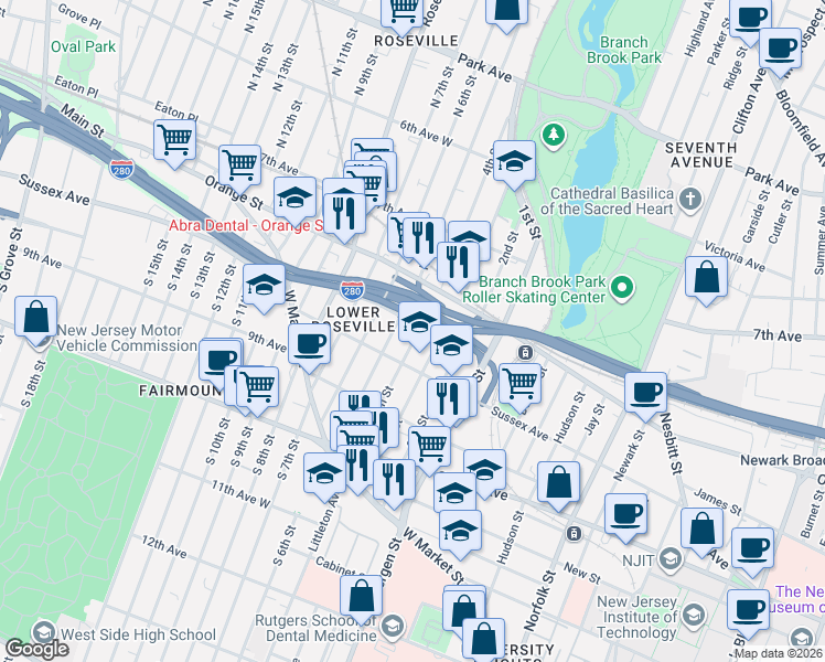 map of restaurants, bars, coffee shops, grocery stores, and more near 106 Freeway Drive in Newark