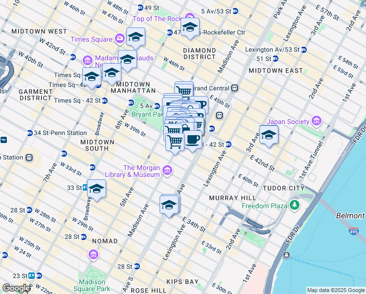 map of restaurants, bars, coffee shops, grocery stores, and more near 18 East 41st Street in New York