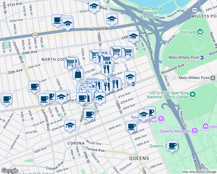 map of restaurants, bars, coffee shops, grocery stores, and more near 104-70 38th Avenue in Queens