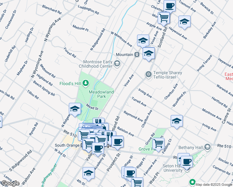 map of restaurants, bars, coffee shops, grocery stores, and more near 312 Meeker Street in South Orange