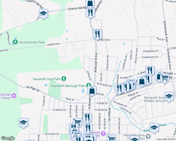 map of restaurants, bars, coffee shops, grocery stores, and more near 75 Morris Street in Nazareth