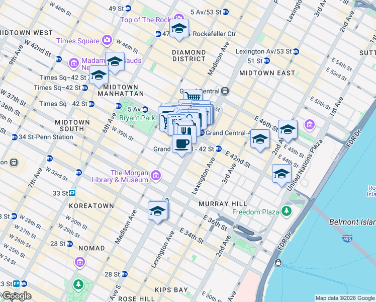 map of restaurants, bars, coffee shops, grocery stores, and more near 100 Park Avenue in New York