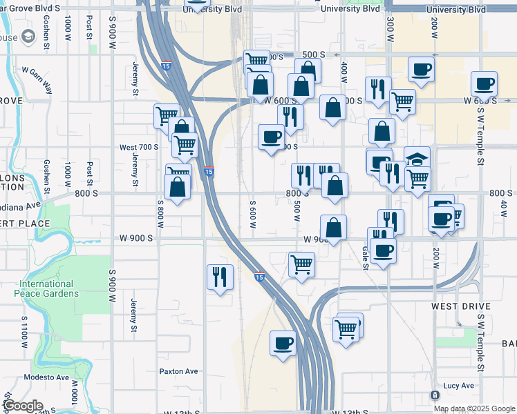 map of restaurants, bars, coffee shops, grocery stores, and more near 575 West 800 South in Salt Lake City