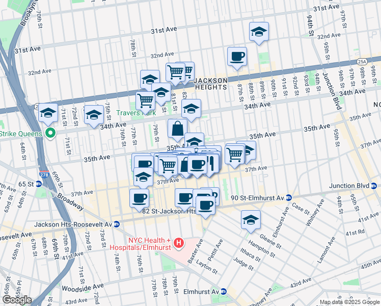 map of restaurants, bars, coffee shops, grocery stores, and more near 81-05 35th Avenue in Queens