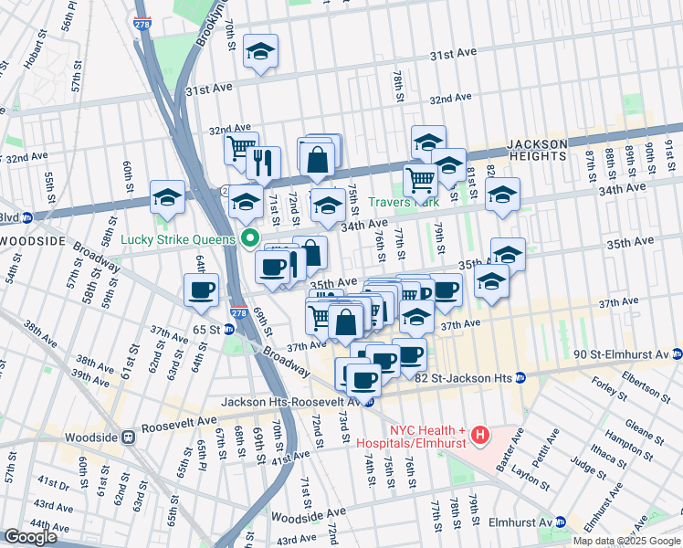 map of restaurants, bars, coffee shops, grocery stores, and more near 34-58 74th Street in Queens