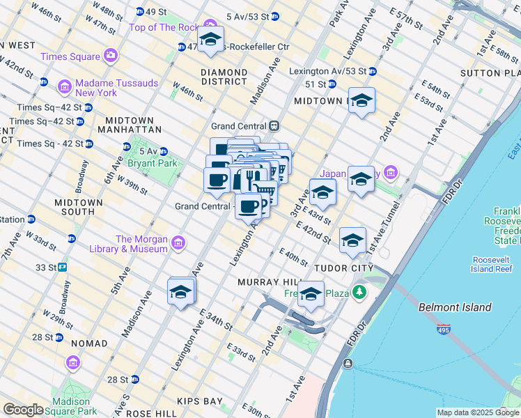 map of restaurants, bars, coffee shops, grocery stores, and more near 122 East 42nd Street in New York
