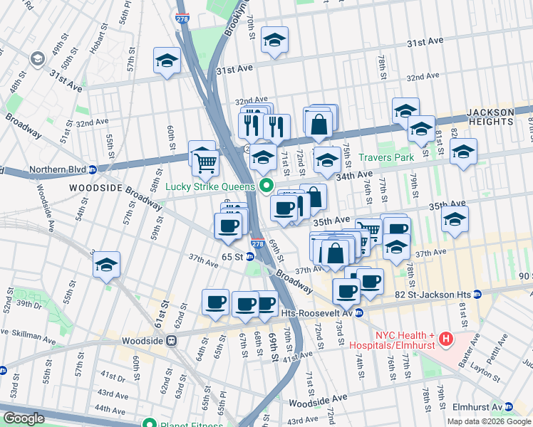map of restaurants, bars, coffee shops, grocery stores, and more near 34-2 70th Street in Queens