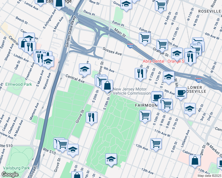 map of restaurants, bars, coffee shops, grocery stores, and more near 147 Steuben Street in East Orange