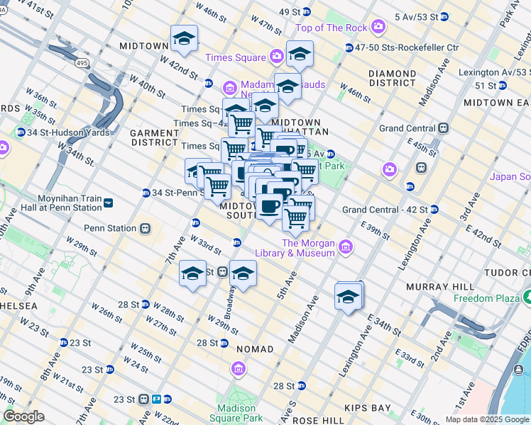 map of restaurants, bars, coffee shops, grocery stores, and more near 990 Avenue of the Americas in New York