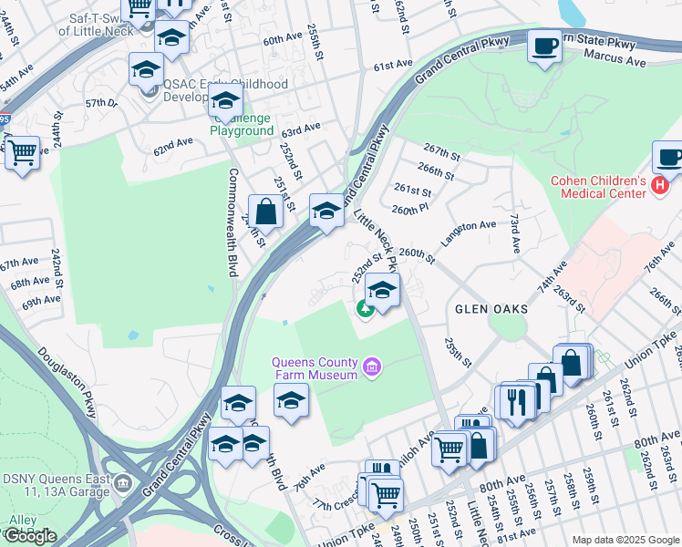 map of restaurants, bars, coffee shops, grocery stores, and more near 251-12 71st Avenue in Queens