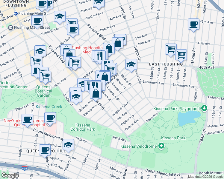 map of restaurants, bars, coffee shops, grocery stores, and more near 46-06 Bowne Street in Queens