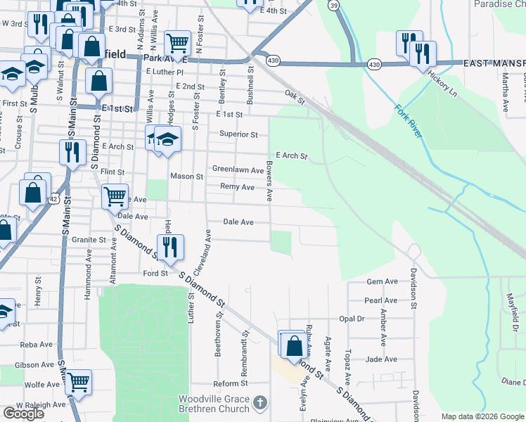 map of restaurants, bars, coffee shops, grocery stores, and more near 320 Remy Avenue in Mansfield