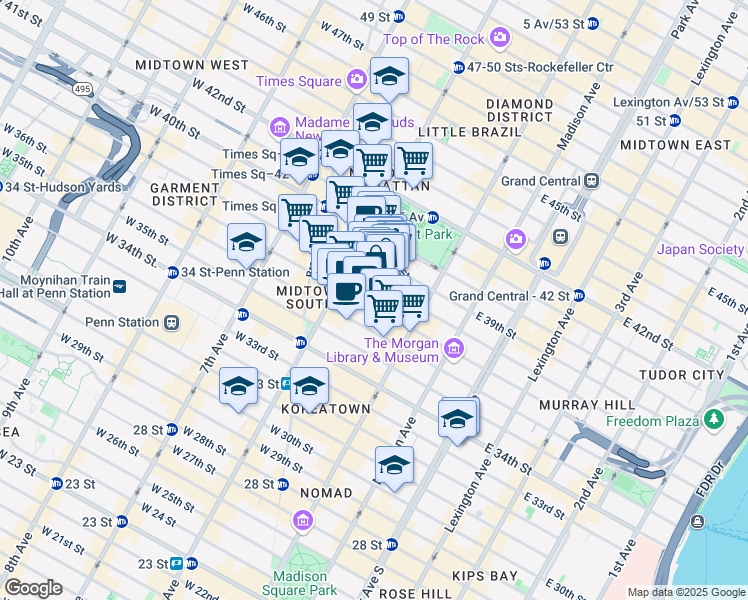 map of restaurants, bars, coffee shops, grocery stores, and more near 33 West 37th Street in New York