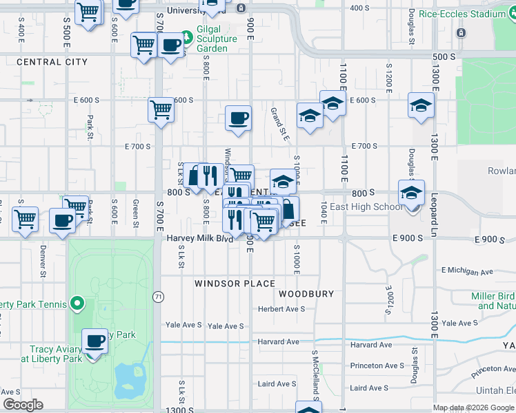 map of restaurants, bars, coffee shops, grocery stores, and more near 905 East 800 South in Salt Lake City