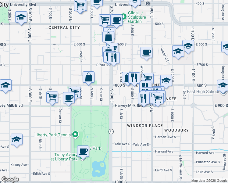 map of restaurants, bars, coffee shops, grocery stores, and more near 733 800 South in Salt Lake City