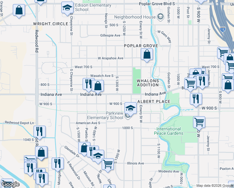 map of restaurants, bars, coffee shops, grocery stores, and more near 1265 West Indiana Avenue in Salt Lake City