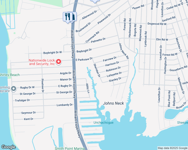map of restaurants, bars, coffee shops, grocery stores, and more near 22 Sheridan Drive in Shirley