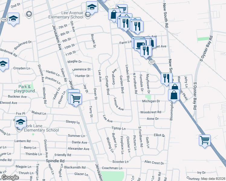 map of restaurants, bars, coffee shops, grocery stores, and more near 29 George Avenue in Hicksville