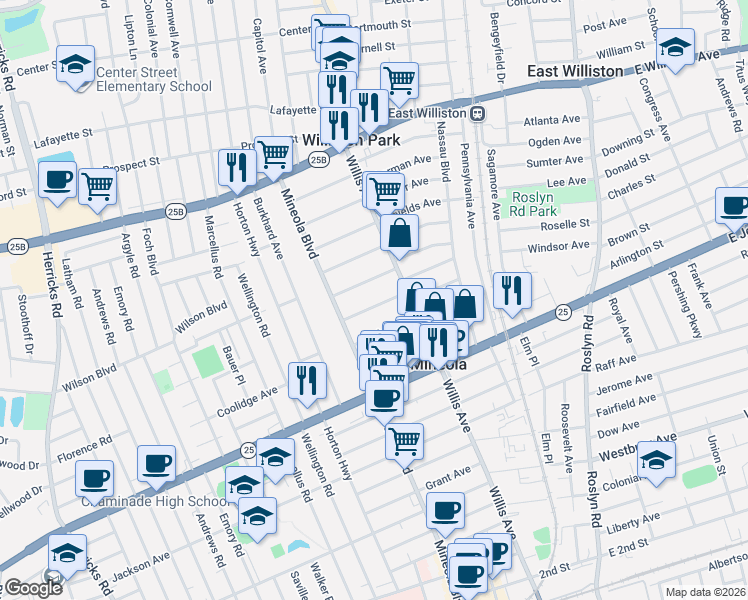 map of restaurants, bars, coffee shops, grocery stores, and more near 162 Elderberry Road in Mineola