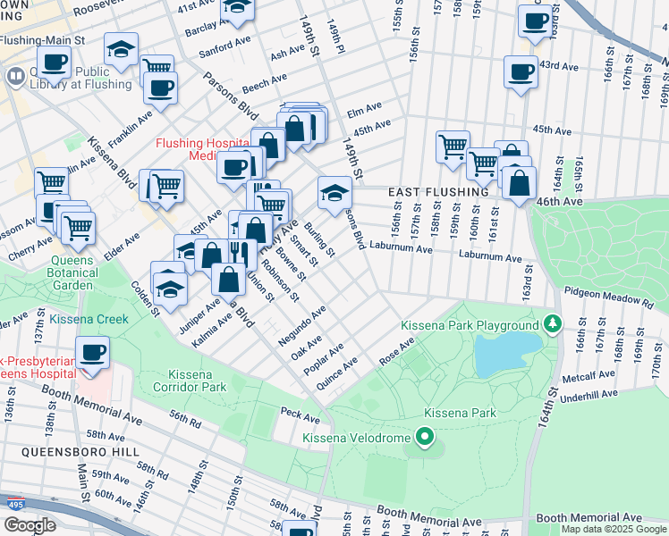 map of restaurants, bars, coffee shops, grocery stores, and more near 146-09 Laburnum Avenue in Queens