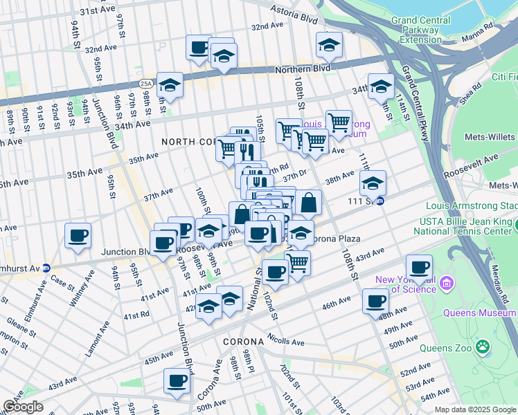 map of restaurants, bars, coffee shops, grocery stores, and more near 37-54 104th Street in Queens
