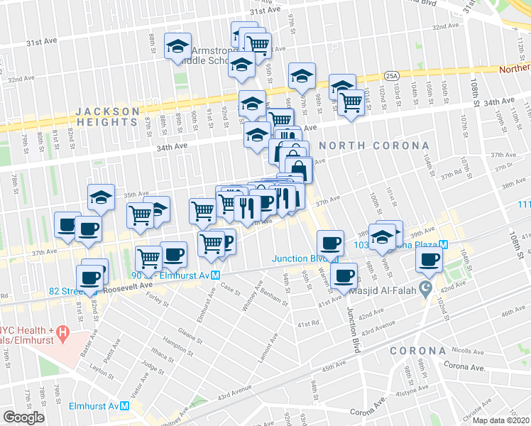 map of restaurants, bars, coffee shops, grocery stores, and more near 35-30 94th Street in Queens