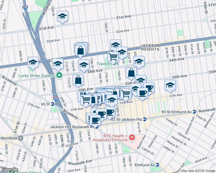 map of restaurants, bars, coffee shops, grocery stores, and more near 34-35 35th Avenue in Queens