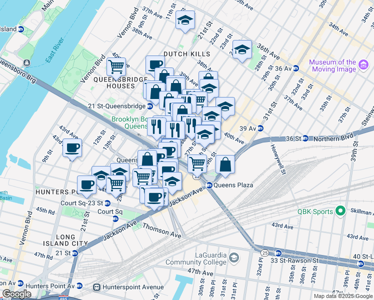 map of restaurants, bars, coffee shops, grocery stores, and more near 41-26 27th Street in Queens