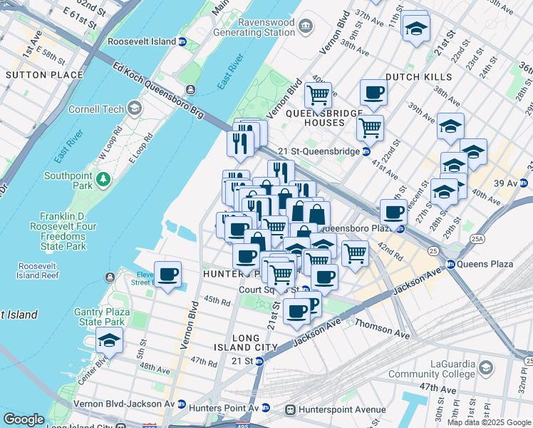 map of restaurants, bars, coffee shops, grocery stores, and more near 10-0 43rd Avenue in Queens
