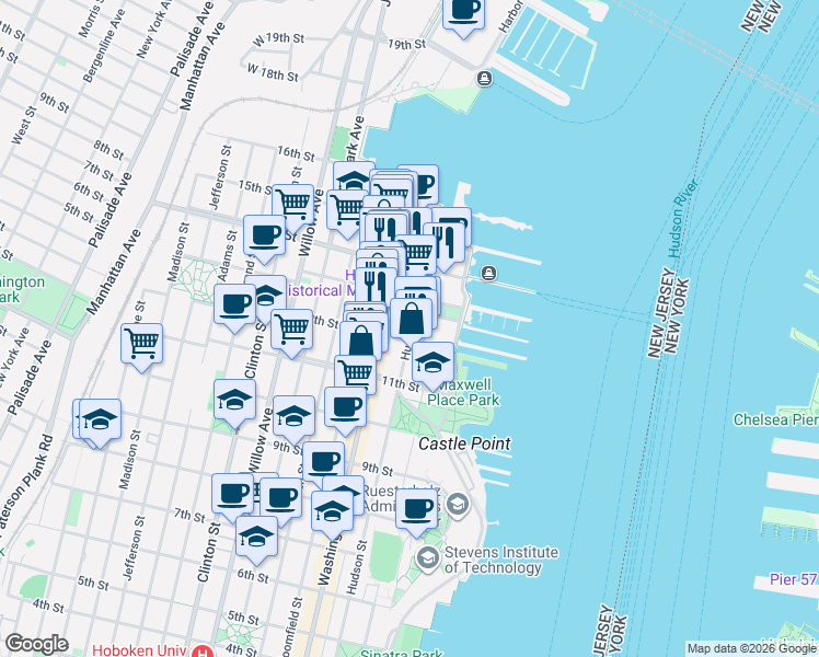 map of restaurants, bars, coffee shops, grocery stores, and more near 1224 Bernard McFeeley Shipyard Lane in Hoboken