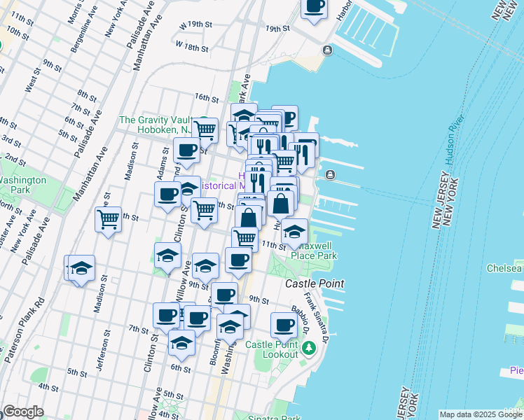 map of restaurants, bars, coffee shops, grocery stores, and more near 1217 Washington Street in Hoboken