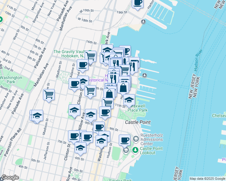 map of restaurants, bars, coffee shops, grocery stores, and more near 1217 Washington Street in Hoboken