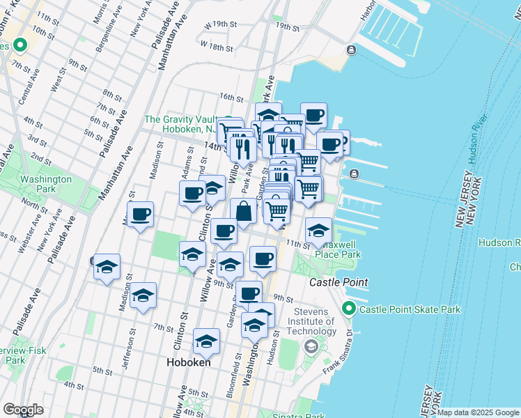 map of restaurants, bars, coffee shops, grocery stores, and more near 1227 Garden Street in Hoboken