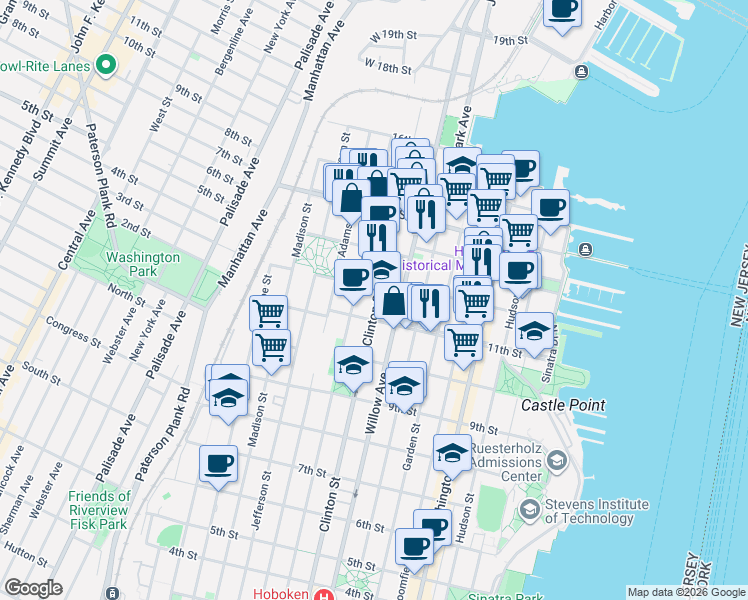 map of restaurants, bars, coffee shops, grocery stores, and more near 305 12th Street in Hoboken