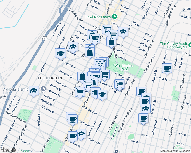 map of restaurants, bars, coffee shops, grocery stores, and more near 14 Graham Street in Jersey City