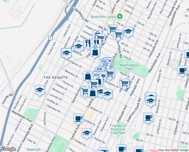 map of restaurants, bars, coffee shops, grocery stores, and more near 41 Graham Street in Jersey City