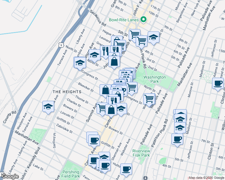map of restaurants, bars, coffee shops, grocery stores, and more near 41 Graham Street in Jersey City