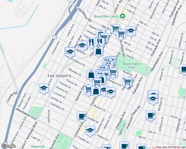 map of restaurants, bars, coffee shops, grocery stores, and more near 41 Graham Street in Jersey City
