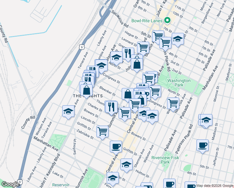 map of restaurants, bars, coffee shops, grocery stores, and more near 86 Paterson Street in Jersey City