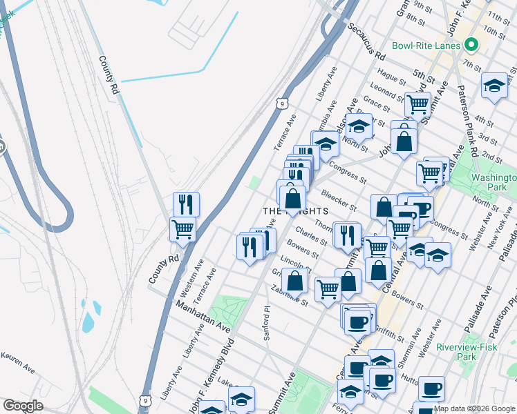 map of restaurants, bars, coffee shops, grocery stores, and more near 168 County Road 649 in Jersey City