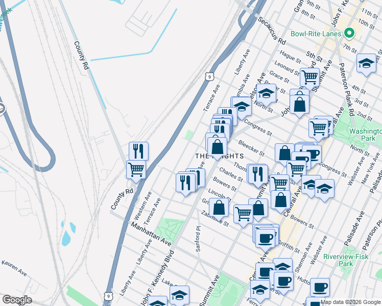 map of restaurants, bars, coffee shops, grocery stores, and more near 168 County Road 649 in Jersey City