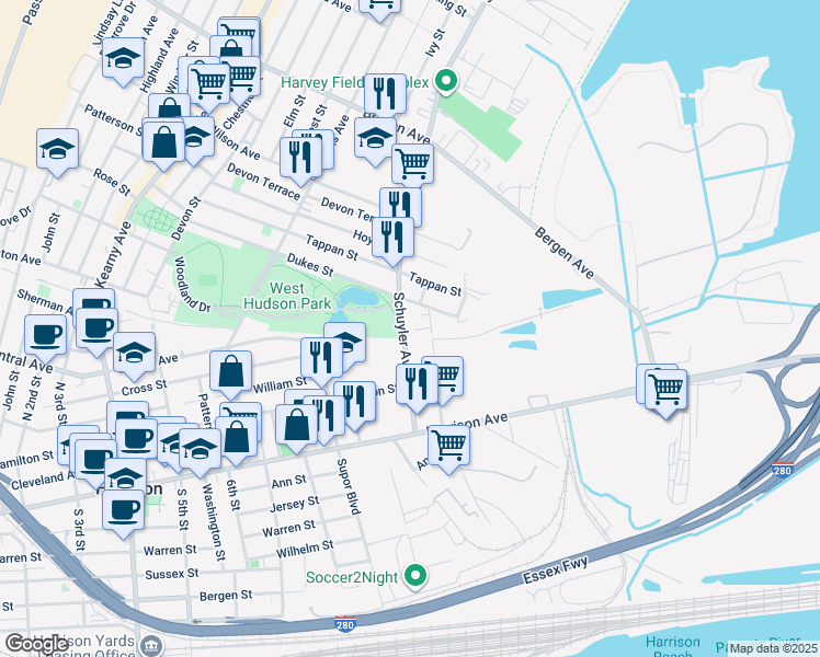 map of restaurants, bars, coffee shops, grocery stores, and more near 100 Schuyler Avenue in Kearny