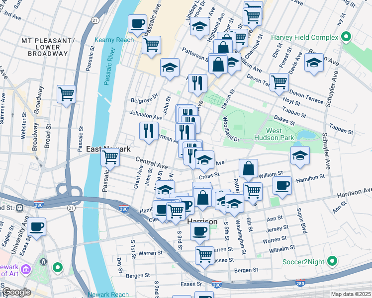 map of restaurants, bars, coffee shops, grocery stores, and more near 701 Frank E Rodgers Boulevard North in Harrison