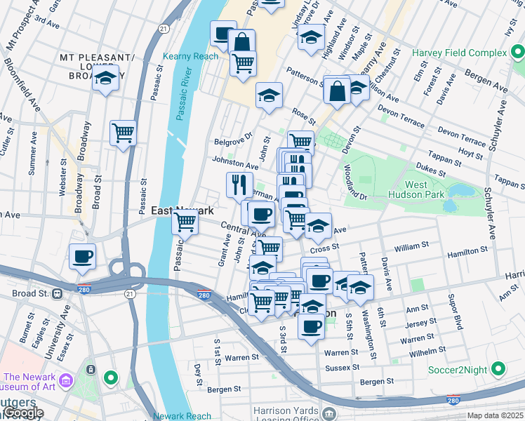 map of restaurants, bars, coffee shops, grocery stores, and more near 444 John Street in East Newark