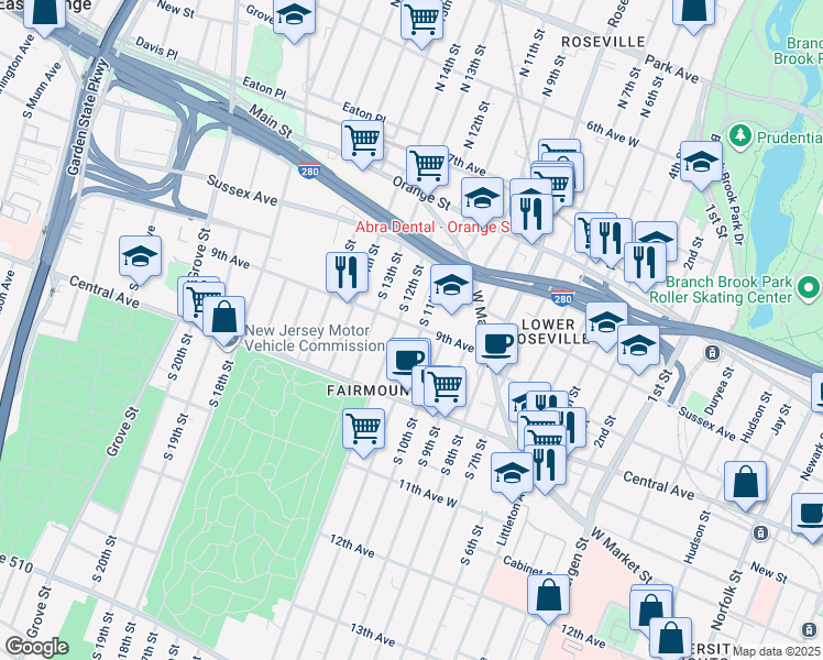 map of restaurants, bars, coffee shops, grocery stores, and more near 73 South 11th Street in Newark